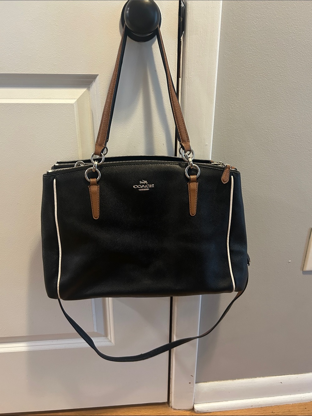 Coach Christie Black Bag Purse with Camel Tan Handles and Ivory Trim
